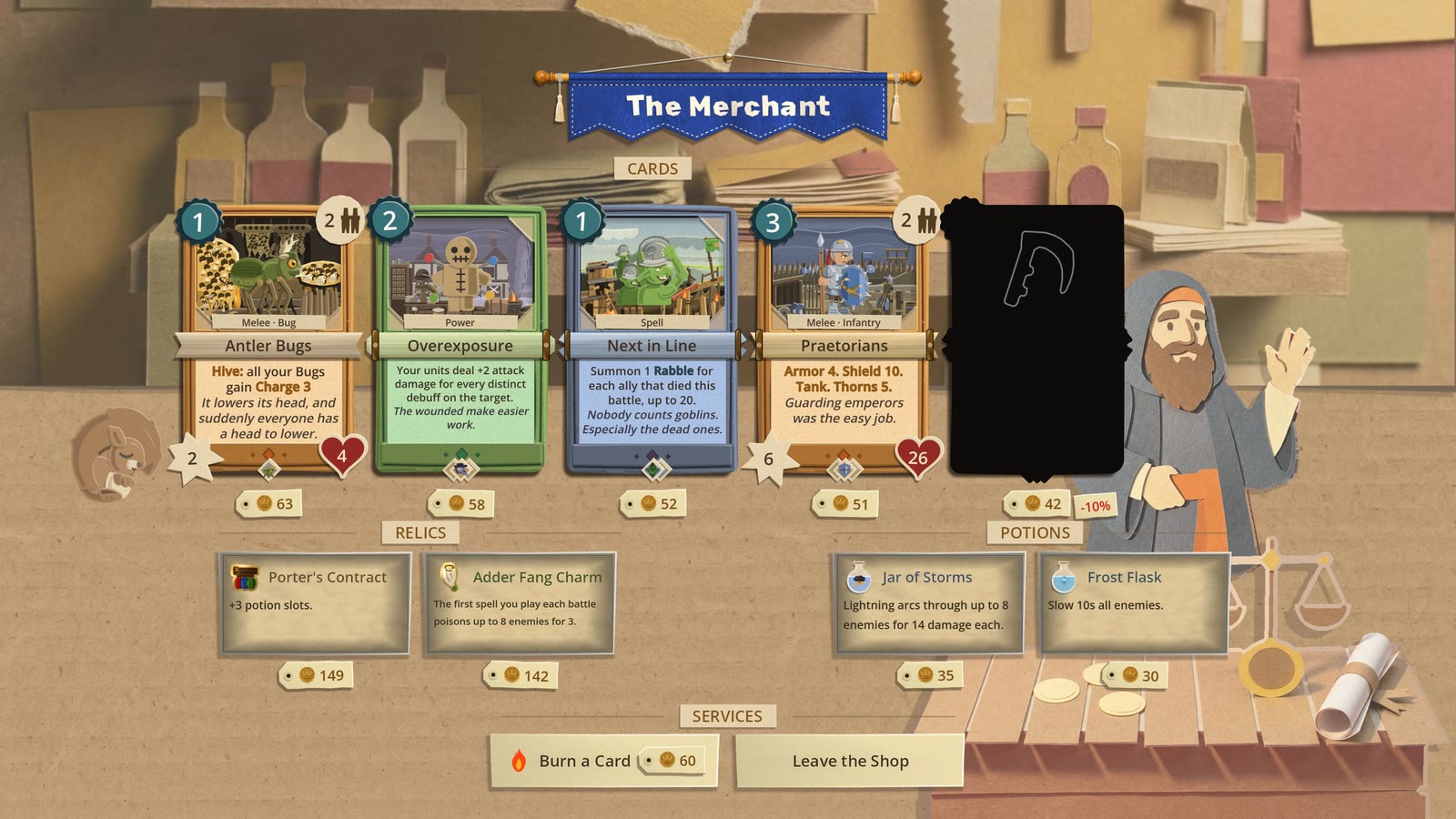 The Merchant's stall: four cards for sale on the shelf and a fifth card that is plain black with only a faint outline of its icon, its price tag marked -10%, beside the bearded merchant waving, with relics, potions and the Burn a Card service on the counter below