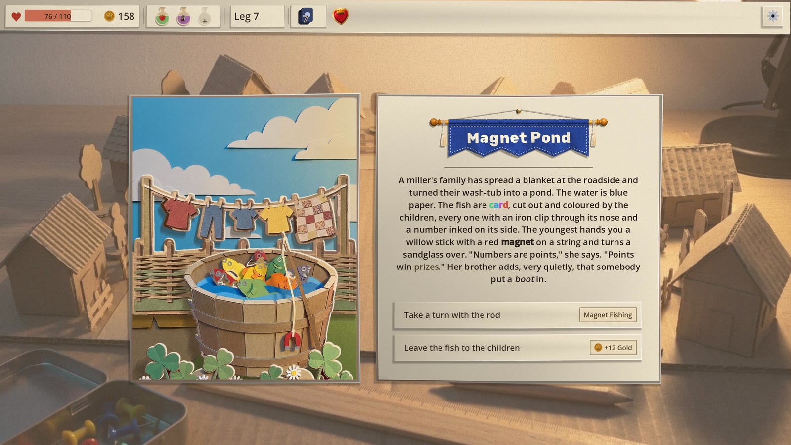 The Magnet Pond event page: a pop-up spread of a wooden wash-tub of paper fish under a washing line, beside the page's story and two rows, Take a turn with the rod and Leave the fish to the children