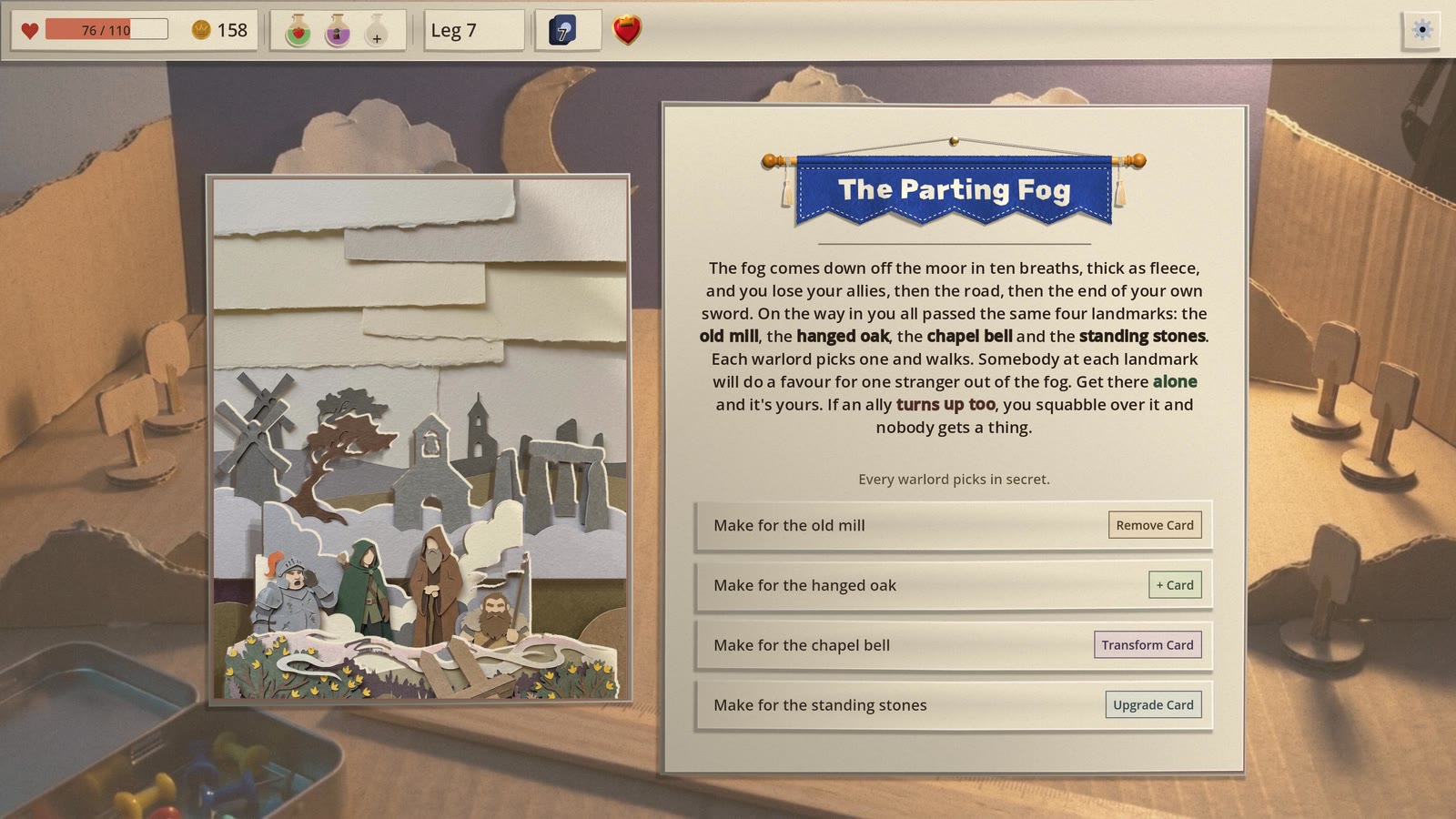 The Parting Fog event page: a pop-up spread of four travellers in the fog with a windmill, a twisted oak, a chapel and standing stones half lost behind torn grey paper, beside the story and four rows: Make for the old mill, the hanged oak, the chapel bell and the standing stones