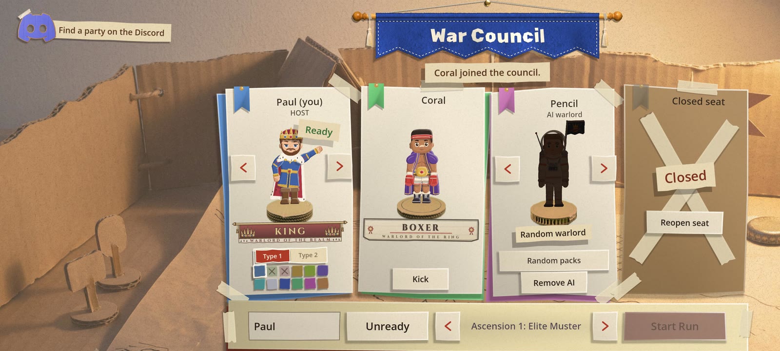 The War Council at rest: four file cards taped to the desk under a blue War Council banner, the host's King marked Ready, Coral's Boxer with a Kick button, an AI warlord named Pencil shown as a random silhouette, and a closed seat crossed out with tape, over a bar holding the name field, Unready, the Ascension picker and Start Run. A Discord cutout reading Find a party on the Discord sits in the top corner