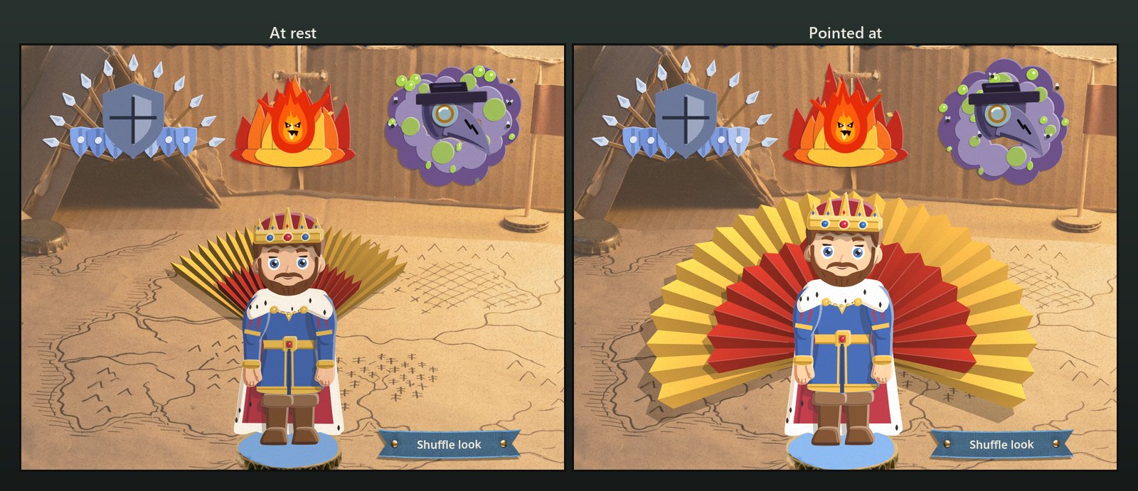 The King at the end of the draft under three pack crests, in front of a half-open gold and crimson paper fan, and the same moment with the pointer on him and both fans swept wide into a full semicircle