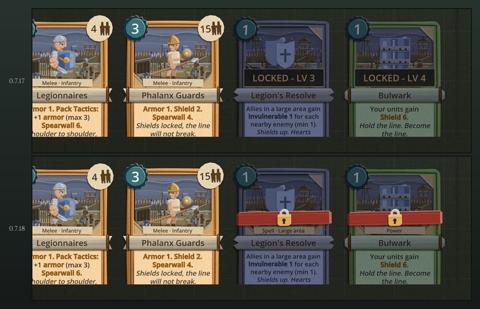 Steel Legion's pack cards in 0.7.17, top, with Legion's Resolve and Bulwark covered by black LOCKED - LV 3 and LOCKED - LV 4 bars, and in 0.7.18, below, with a red paper strap and a brass padlock across each locked card instead