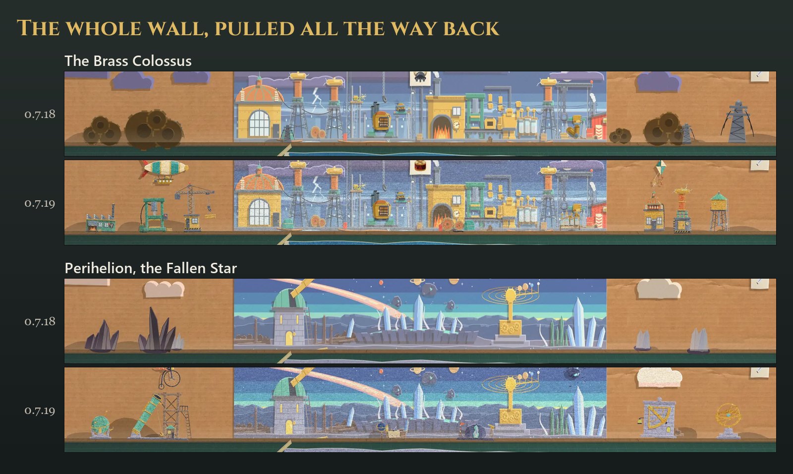 The Brass Colossus's and Perihelion's back walls pulled all the way back, 0.7.18 above 0.7.19. In 0.7.18 the kraft either side of the Colossus's card holds two heaps of brown cogs and a pylon; in 0.7.19 it stands a workshop, a stamping press and a jib crane with its load, then a lamp house, a tower and a water tank, with an airship and a kite in the sky. Perihelion's flanks go from dark crystal clusters to a star globe, the great reflector in its timber gantry with a penny-farthing adrift above it, the mural quadrant in its niche and an armillary