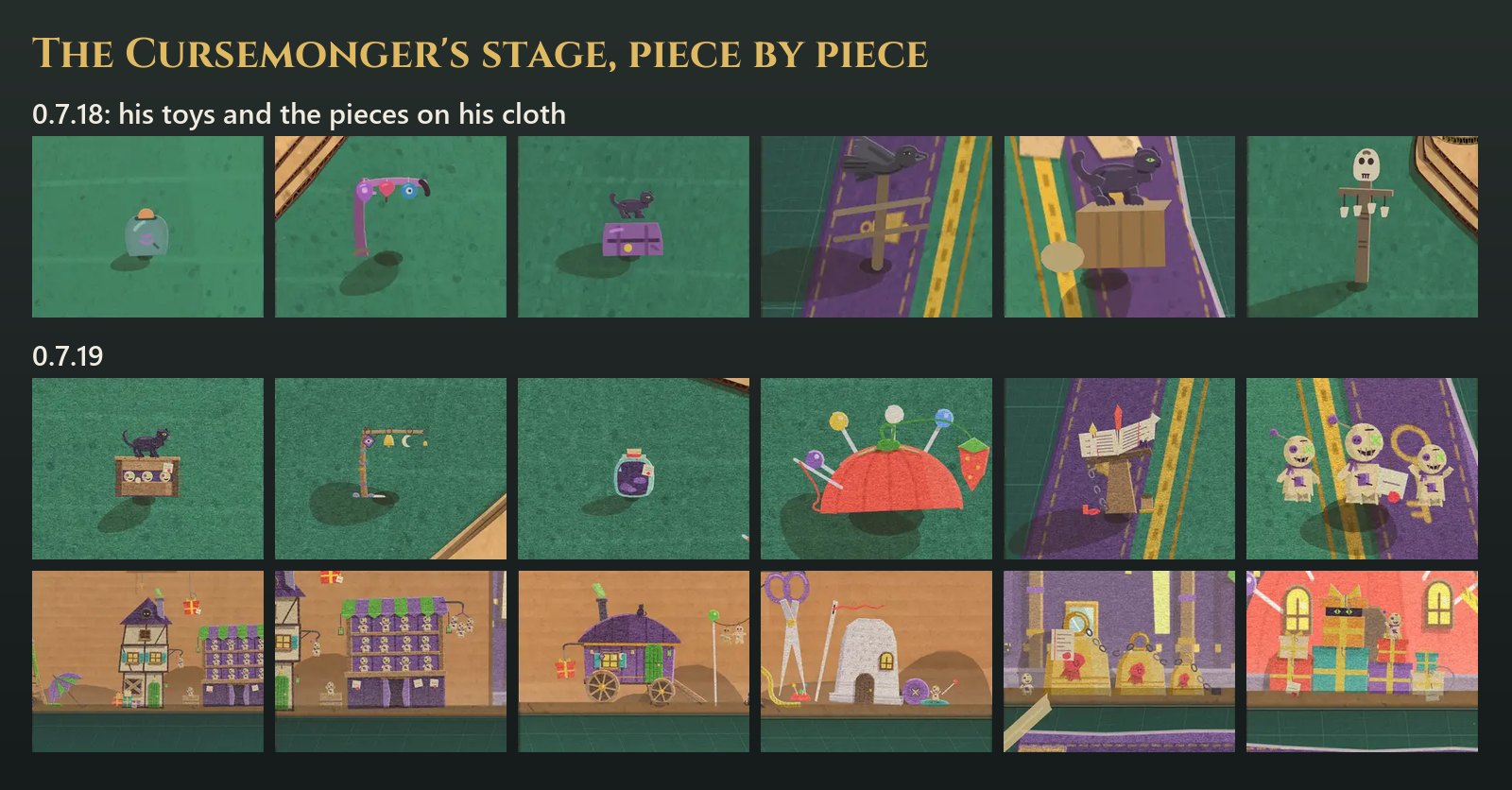 The Cursemonger's stage piece by piece. In 0.7.18 his cloth held a jar, a charm post, a crate with a cat on it, a crow on a post and a skull pole. In 0.7.19 the crate holds Curselings with the cat on its lid, the charm post hangs an eye, a bell and a horned moon, his cloth stands a pincushion, his ledger on its lectern and three Curselings in a row, and his wall stands the Returns Office, the Curseling stall, his bow-top wagon, the Hexwrights' shears and thimble, three Dead Weights and a heap of presents