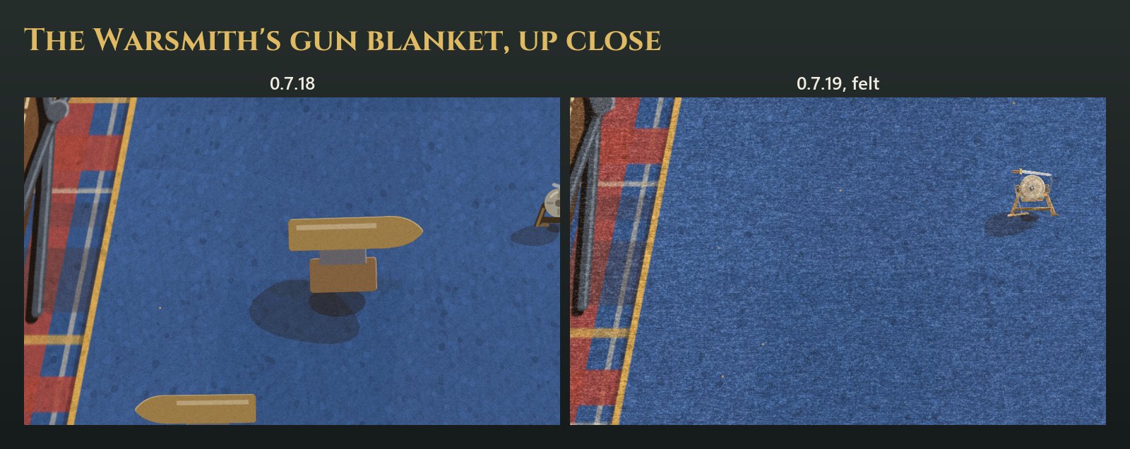 The Warsmith's gun blanket up close, 0.7.18 beside 0.7.19. In 0.7.18 it is a flat blue print with an old tan anvil standing on it. In 0.7.19 the same blue is a soft felt with a visible fibre, and a small grindstone with a sword on it stands nearby