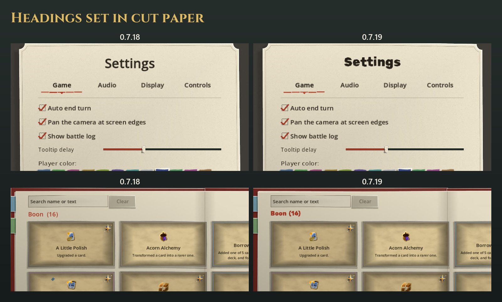 Two headings before and after. The Settings sheet's title goes from a plain printed word to bold cut-paper letters, and the Compendium's Boon (16) heading goes from thin red type to bold cut red letters