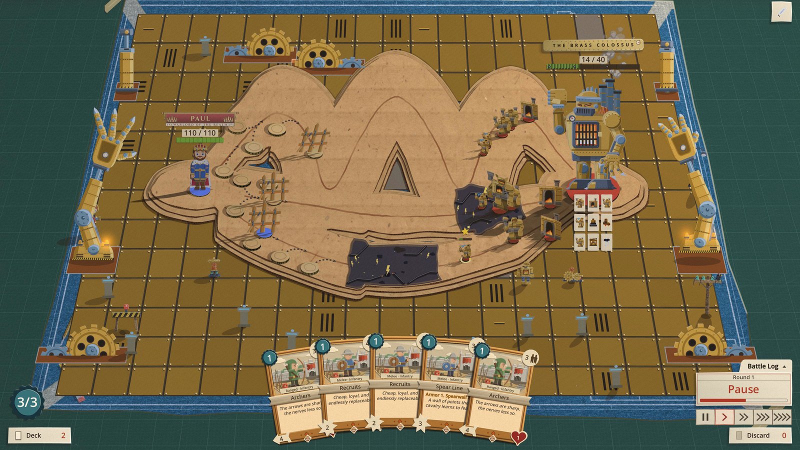 The machine running: the cardboard board stands on a brass deck ruled with black slots, with turning cog wheels along the edges, two jointed brass arms with open claws either side, and the Brass Colossus at the far end with his foundries turning out soldiers