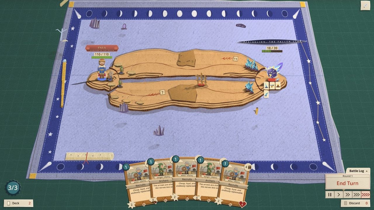 Perihelion's fight with gravity off: the cardboard lane stack has come apart into two roads drifting apart over the starry blue blanket, with the units still standing on them
