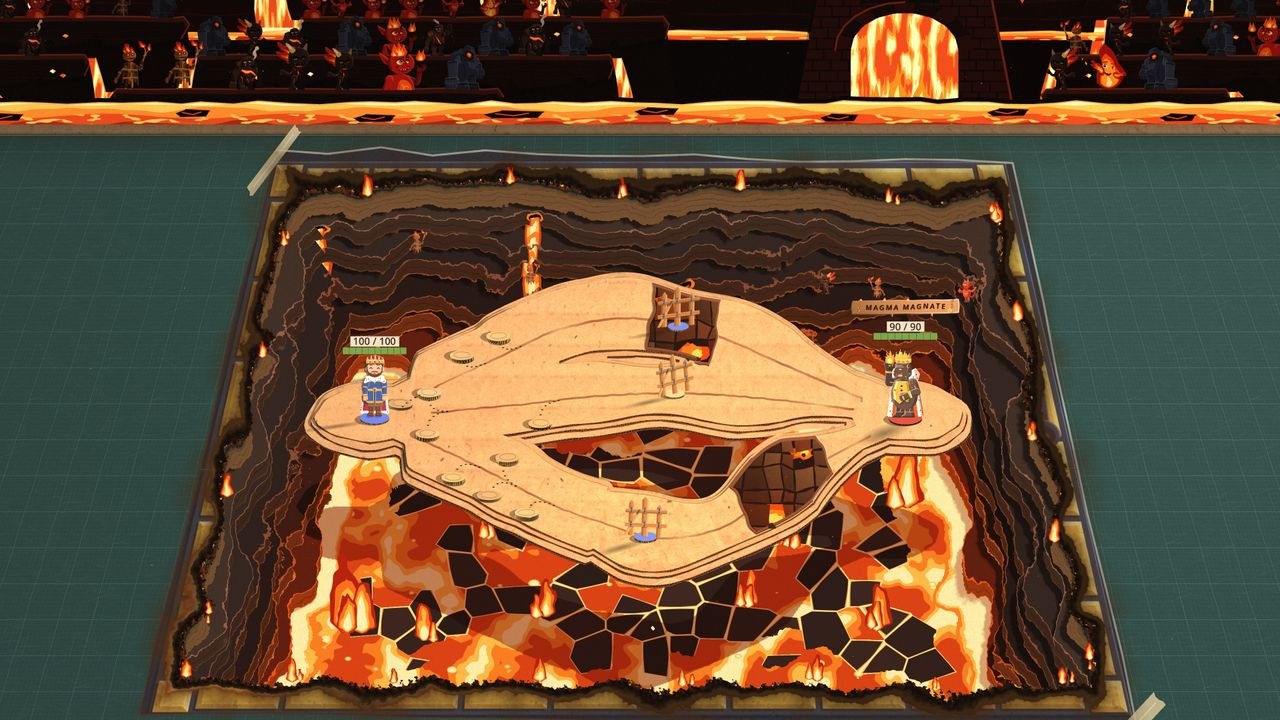The Magma Magnate's pit: the cardboard board hangs over a shaft of dark paper ledges dropping to a lake of orange melt cracked with black crust, with small fires along the burnt edge and the furnace wall glowing behind