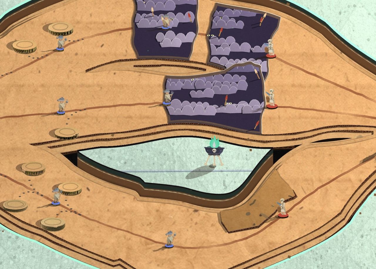 Rex Mortifer's cut: holes open in the board onto a purple underworld of cloud, and the island left between the lanes stands up as a slab of the table with its edge showing, a brazier of green ghostfire still standing on it