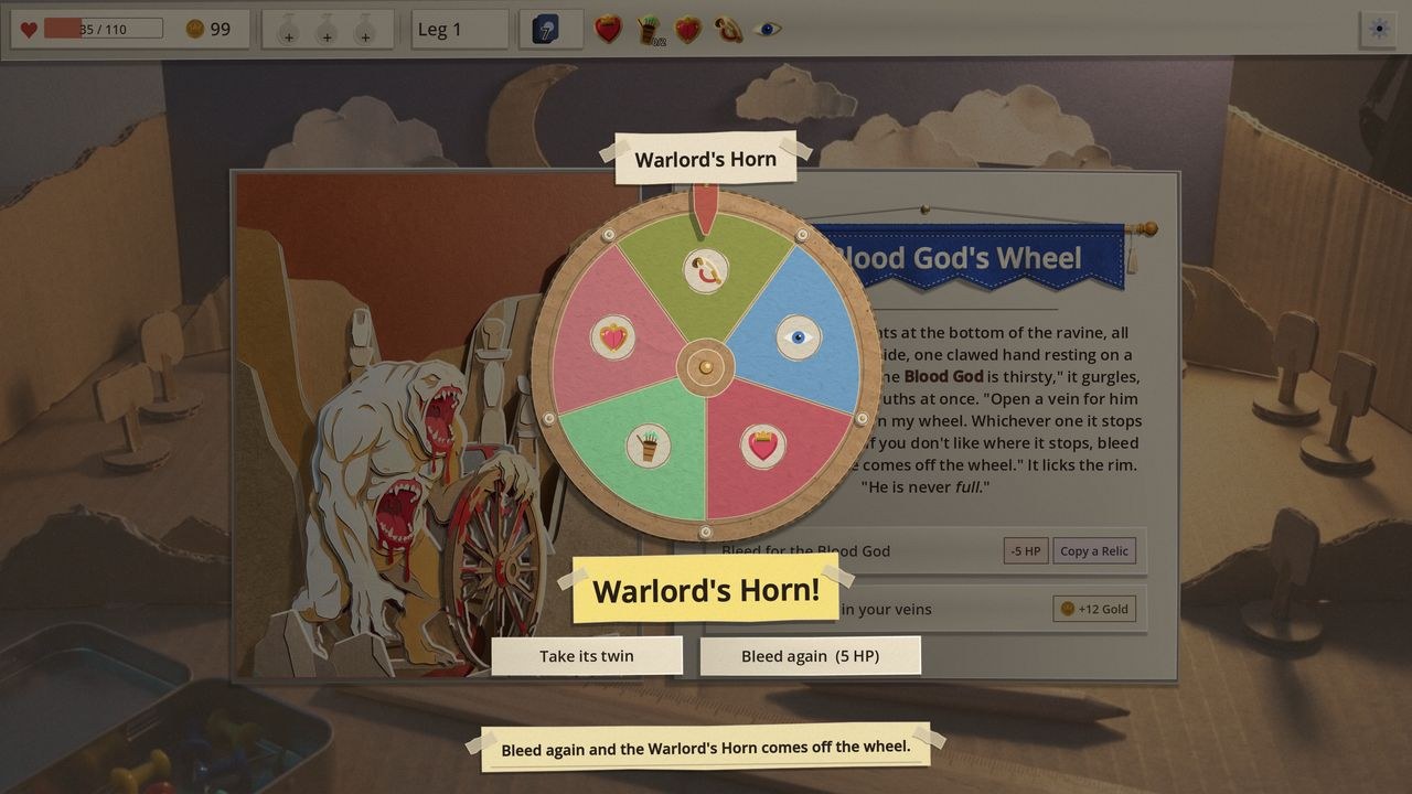 The Blood God's Wheel: a many-mouthed white beast stands at a bloody cartwheel in a ravine, and the paper wheel in front of it, five coloured wedges each holding one of your relics, has stopped on the Warlord's Horn. The buttons under it read Take its twin and Bleed again (5 HP)