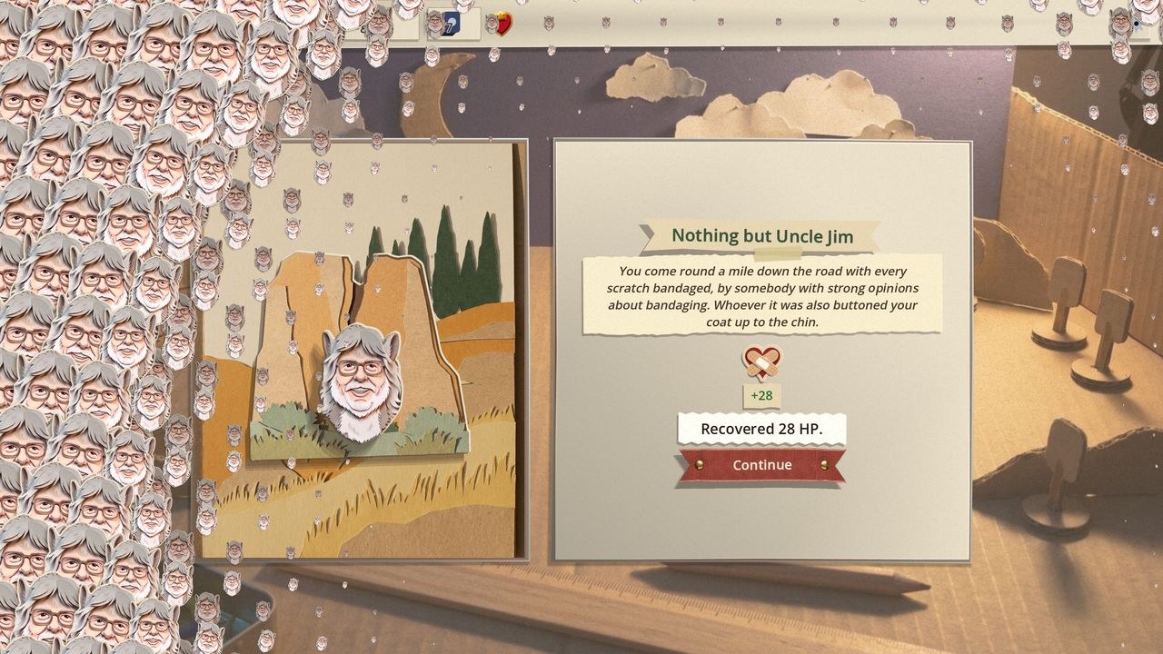The Seer's Tripod: hundreds of cut-paper Uncle Jim heads pour down over the event page and pile up down the left side, while the page beside them reads Nothing but Uncle Jim