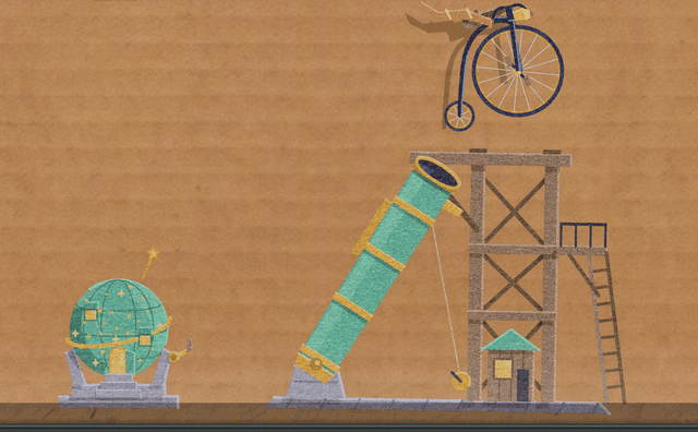 Perihelion's wall pieces poked: the teal reflector tube swings back and forth in its timber gantry, the penny-farthing above it bobs with its wheels turning, and the star globe beside it rocks on its stand