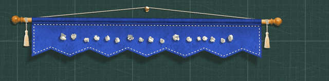 The blue felt banner hung over Choose Your Warlord: the words arrive as small crumpled paper balls along the banner and unfold into cream cut-paper letters