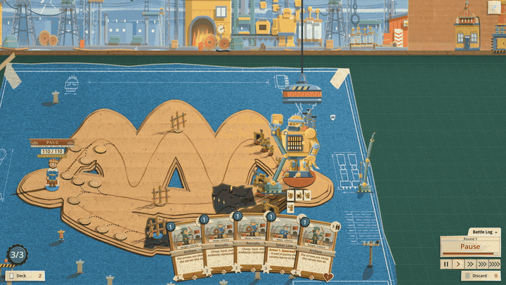 The Brass Colossus's arena standing up: the camera pulls back, the blue blueprint mat turns over into riveted brass plate square by square, the back wall closes into a great brass face, clawed arms rise along both sides of the board and cog wheels start turning at the corners