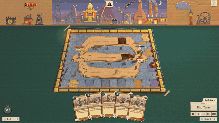 The Magma Magnate's kiln burning: the back wall goes up in flames, the fire runs down off the wall and round the edge of the mat, and the mat burns away to show the pit of melt underneath the board