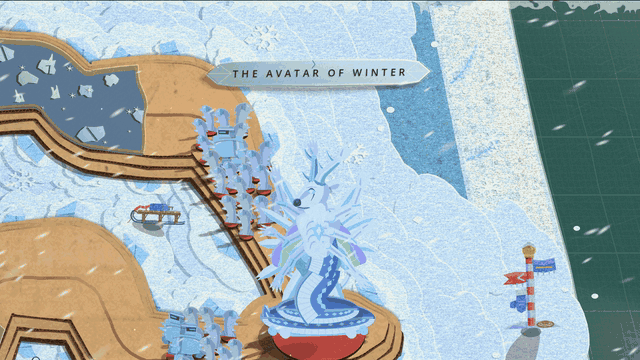 The Avatar of Winter's end: a paper sun on a string drops in beside the ice lord, its two sheets of rays turning against each other, the ice goes orange and bursts into paper shards, and a patch of green spring folds up under the warlord with crocuses and fern crosiers