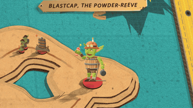 Blastcap's end: the warlord walks up, lights his fuse and steps back, and the keg goes off in a pop-up of stacked stars and flame, staves, cut smoke and confetti, leaving a scorch on the board