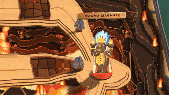 The Magma Magnate's end in his pit: the warlord blows out the candles on his crown, blows his fireball back over his shoulder, and tips the cold statue over backwards off the board into the melt
