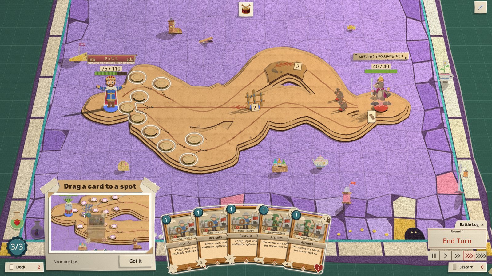 The first fight of a new game with Uncle Jim's note 'Drag a card to a spot' in the lower left: a paper sheet under a kraft name strip, with a film of a card going from the hand onto a deploy spot, 'No more tips' and 'Got it' at its foot, and the board's deploy spots each ringed in one pale line