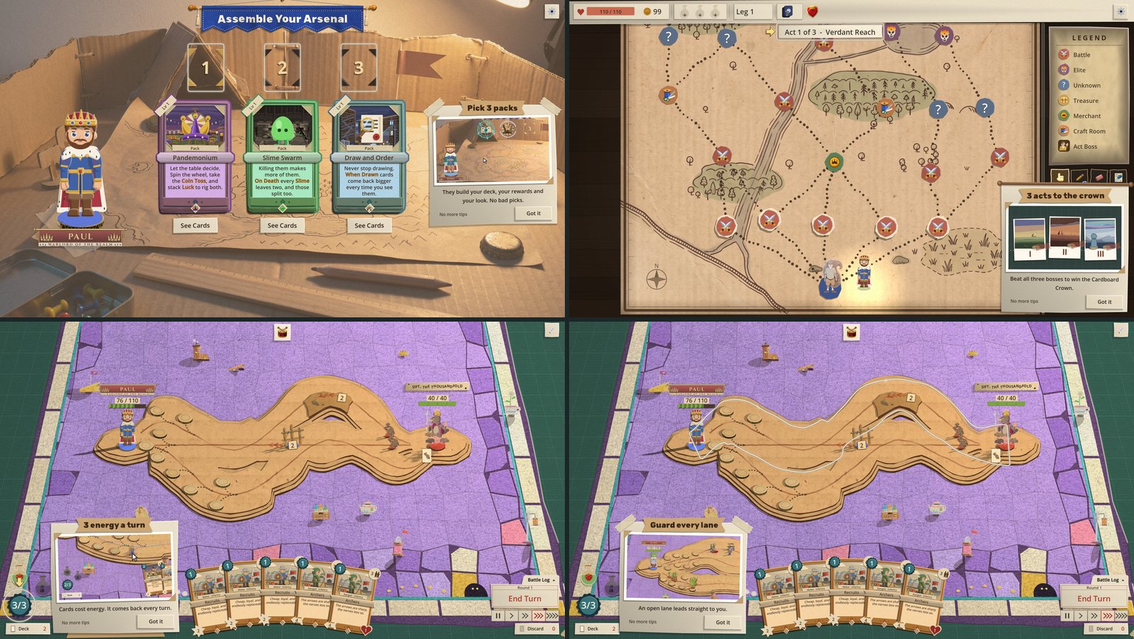 Four more of Uncle Jim's notes on their own screens: 'Pick 3 packs' beside the pack draft, '3 acts to the crown' on the chart with three small pictures of the acts and 'Beat all three bosses to win the Cardboard Crown.', '3 energy a turn' beside the energy seal in the first fight, and 'Guard every lane' with an open lane traced in a pale line and 'An open lane leads straight to you.'