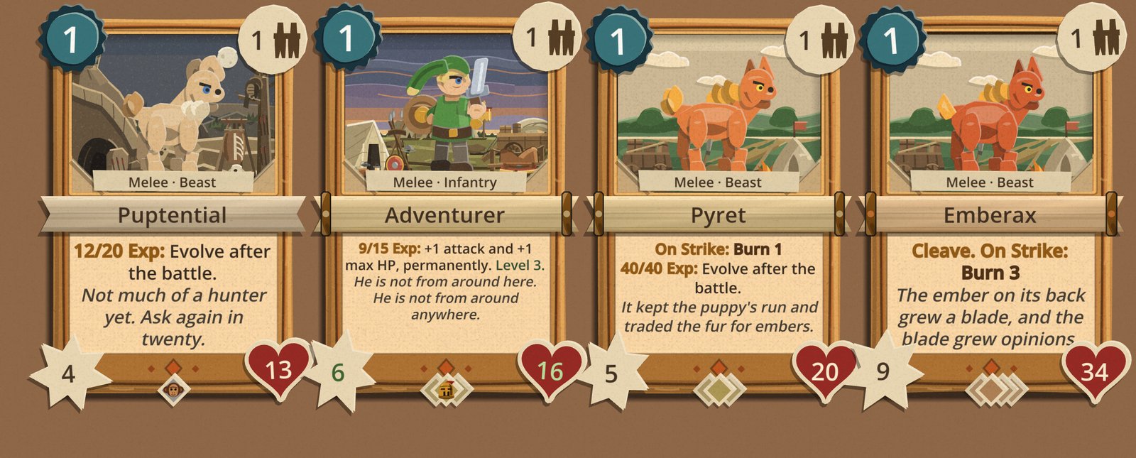 Four Exp cards: Puptential reading '12/20 Exp: Evolve after the battle.', the Adventurer reading '9/15 Exp: +1 attack and +1 max HP, permanently. Level 3.', Pyret with On Strike: Burn 1 and a full 40/40 bar, and Emberax with Cleave and On Strike: Burn 3