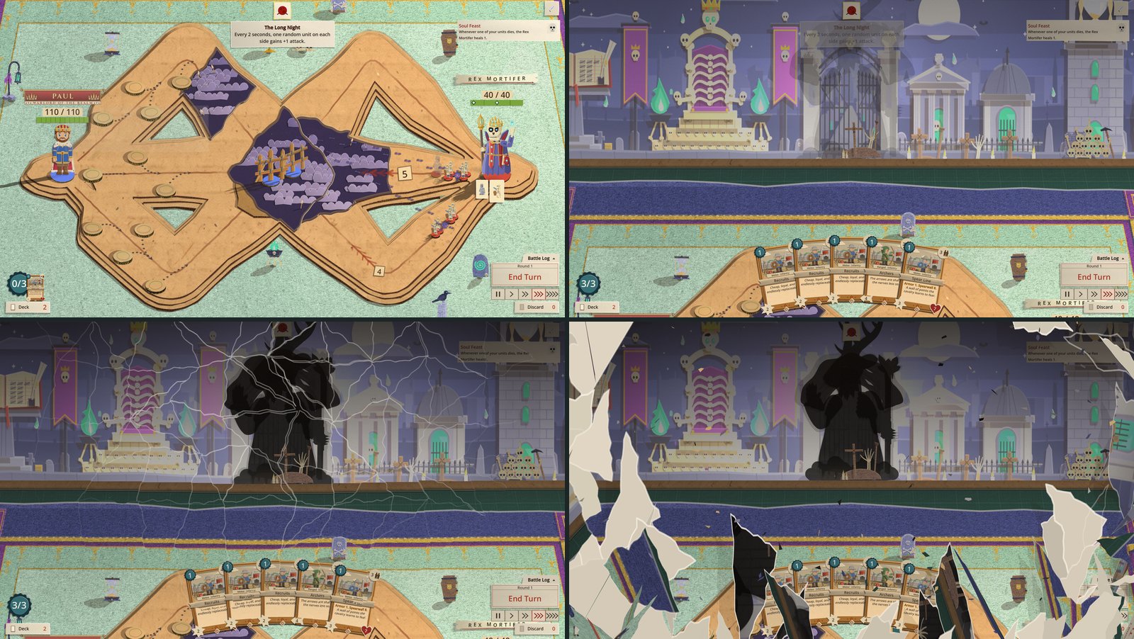 Four moments of the Twin Thrones at Ascension 10: Rex Mortifer's board just won, the camera tilted up to his backdrop card with the black shadow of the Avatar of Winter standing behind it, white cracks spreading across the whole frame, and the picture of the board tearing apart into paper shards that blow past the camera