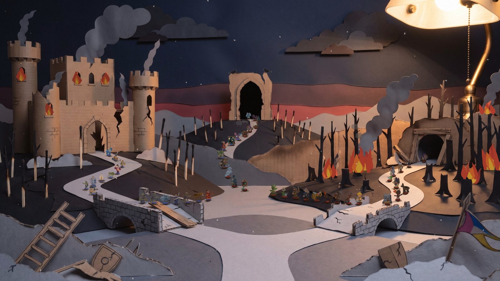 The ruin title plate: the Verdant Reach burnt, its castle cracked with fires in the windows, rows of spent matchsticks for trees, a fallen stone bridge, smoke under a black sky with one dull red seam, and a toppled gatehouse in the middle of the horizon whose arch is pure black