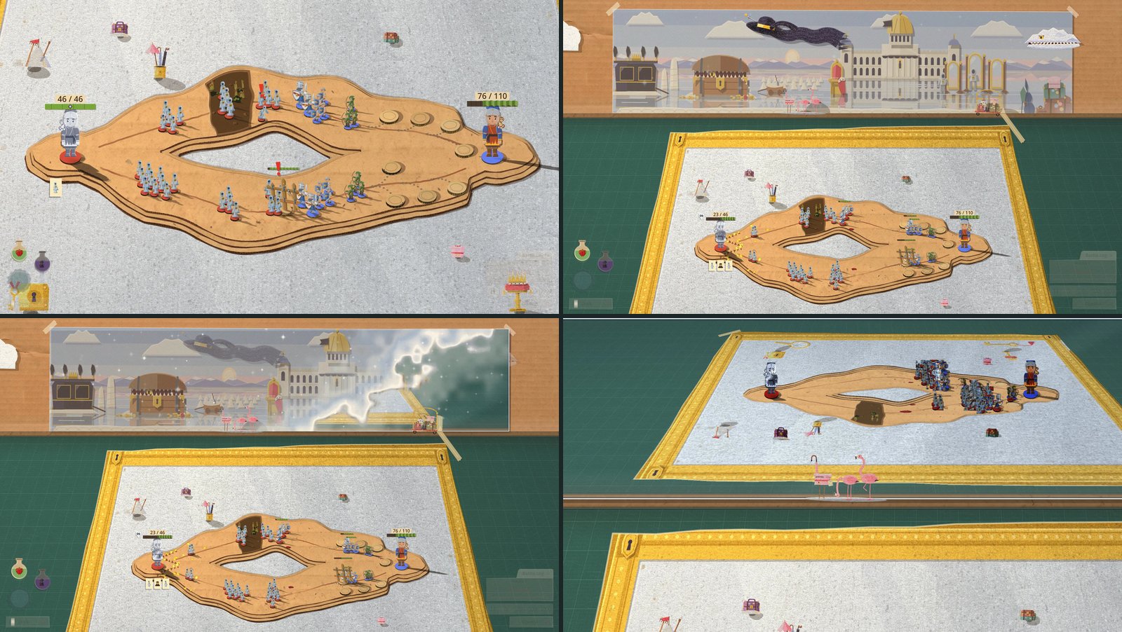 Four frames from the Mimic's fight: the board seen turned over, the Mimic as a silver copy of the player's warlord on the left and the player on the right; the camera pulled back to its backdrop card of a flooded salt flat; the card silvering over behind a ragged white front; and a mirror standing where the card was, with the table and the fight in it