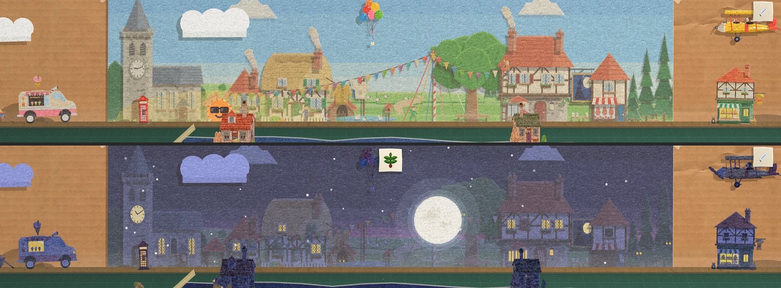 Wally's back wall by day and by night: the church, the cottages, the fete's bunting, an ice-cream van and a biplane in daylight, and the same pieces drawn again after dark, with lit windows, the moon up over the village and the van's windows glowing