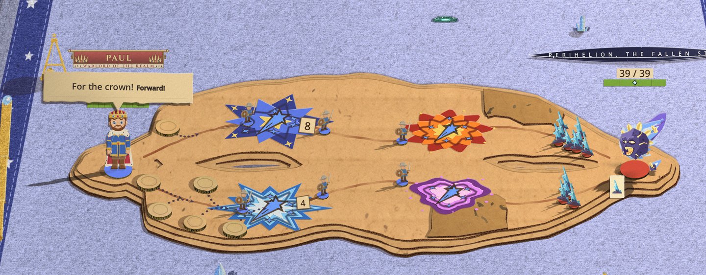 Four enemy spells telegraphed on Perihelion's board, each a piece of paper cut for that spell: a deep blue star with gold stars at its points, an orange and red flame burst, a pale icy burst, and a violet cloud with pink edges, each with Perihelion's own blue mark stamped on top