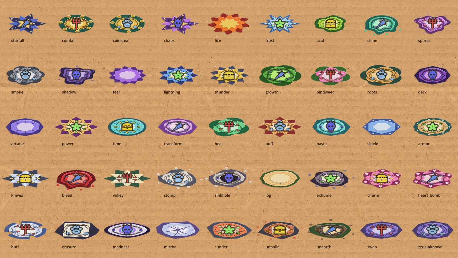 Every spell family's telegraph laid out in rows on cardboard, each with its own colours and its own cut: starfall, coins, chaos, fire, frost, acid, slime, spores and on through to madness, mirror and swap