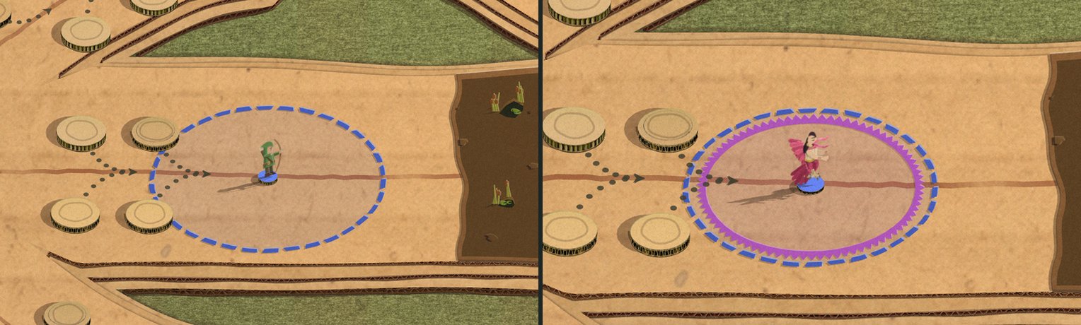 Two hover marks on the board: an archer's reach as a ring of blue dashes, and the Siren's Charm aura as an unbroken pink pinked ring inside the blue dashes of her own reach