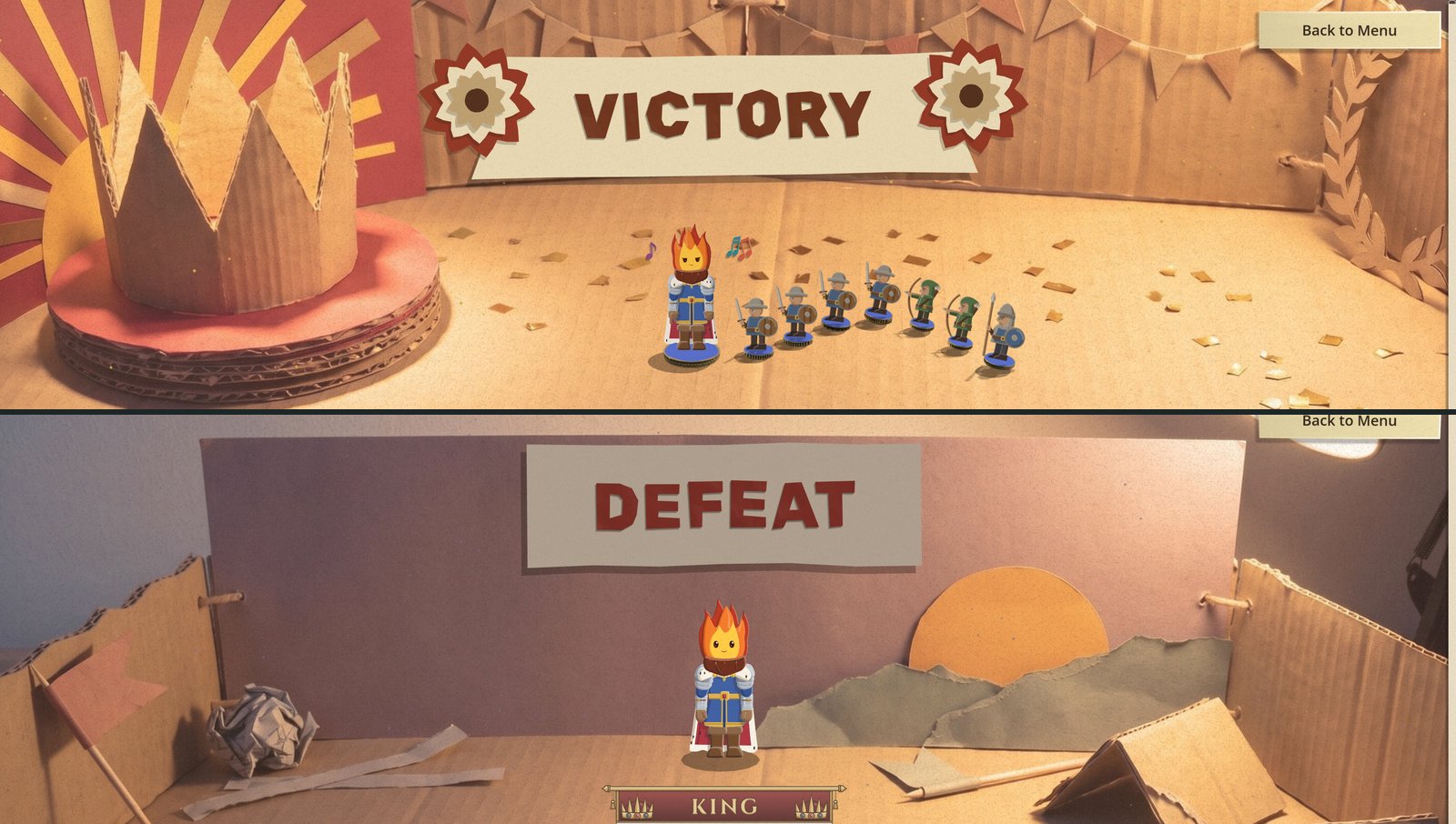 The won run's page and the lost run's page: VICTORY in cut-paper letters on a cream banner, a cardboard crown on a crimson dais with a gold sunburst behind it and the warlord leading a conga of his deck's units; and DEFEAT on a dusk set, the warlord alone in front of a mauve wall with a card sun going down behind a torn ridge, a fallen banner and a collapsed tent