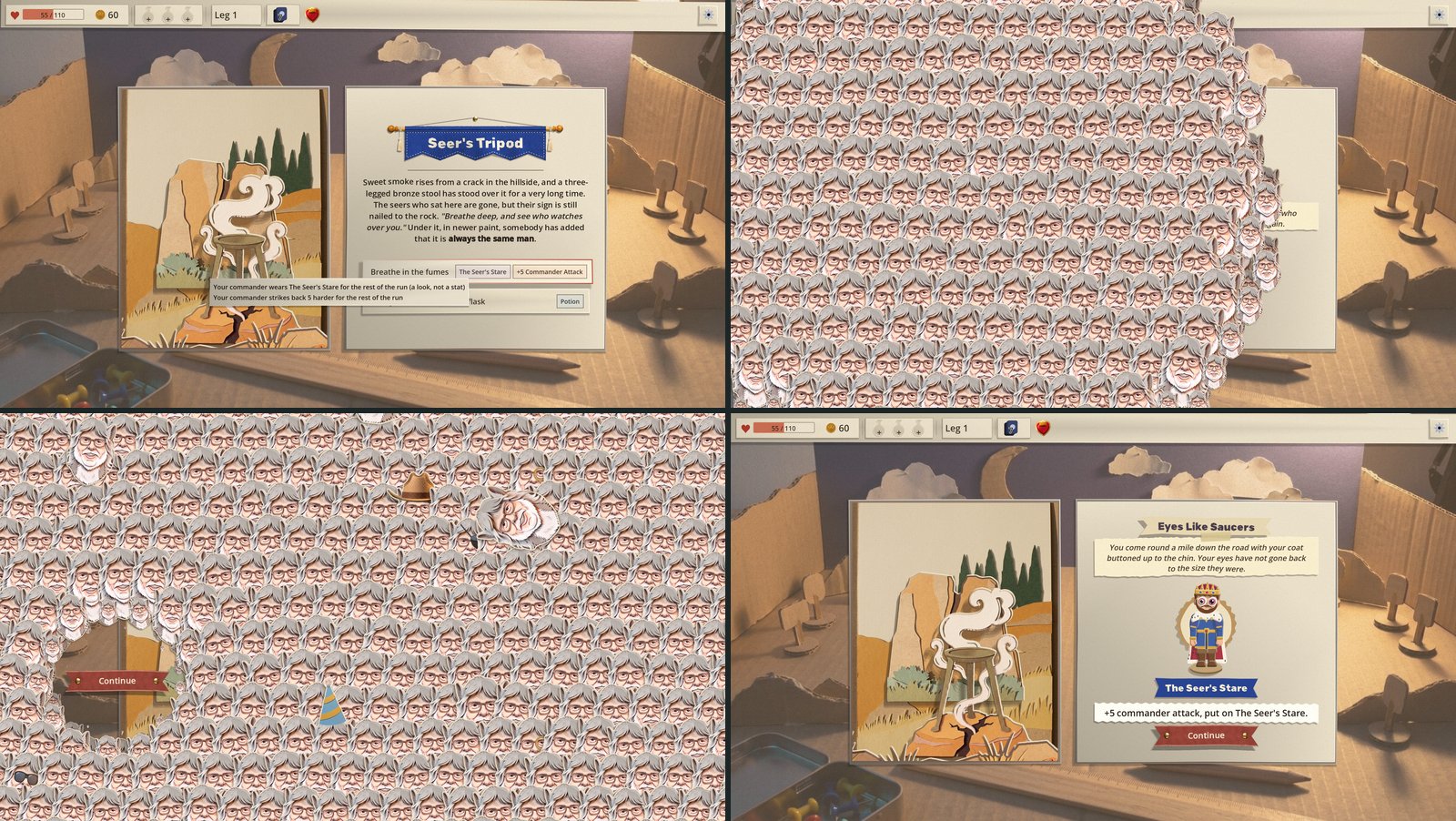 The Seer's Tripod in four frames: the event page with its 'Breathe in the fumes' row offering The Seer's Stare and +5 Commander Attack, Uncle Jim's paper head multiplying across the page, the whole screen buried in his heads with a clearing open on the Continue button, and the page that pays, the King wearing eyes the size of saucers above The Seer's Stare on a blue ribbon and '+5 commander attack'