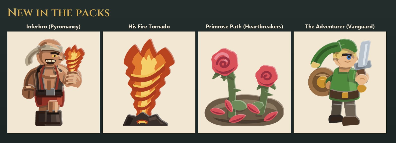 Four new pieces on cream cells: Inferbro, a grinning Pyromancy brawler in an open scorched gilet with a little fire tornado standing on his palm; his Fire Tornado, a coiled funnel of orange and yellow flame on torn ground; Primrose Path, two thorned roses in a patch of road with petals loose round them; and the Adventurer, in a green tunic and long cap with a round shield and a short sword