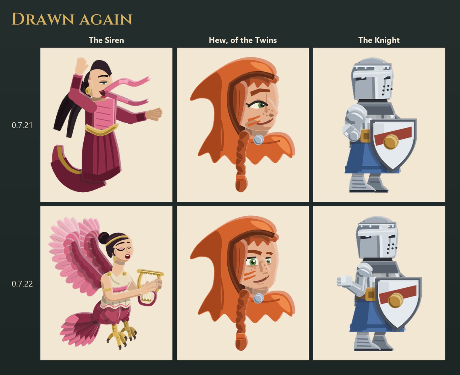 Three drawings before and after: the Siren, a woman in a pink gown with streamers coming out of her mouth, now a woman's head and arms on a bird's body with pink wings, playing a lyre with her eyes shut; Hew of the Twins, a one-eyed face under an orange hood, now turned three-quarter with both eyes showing; and the Knight, whose sword arm was a pile of grey pebbles and is now a whole arm with a gauntlet