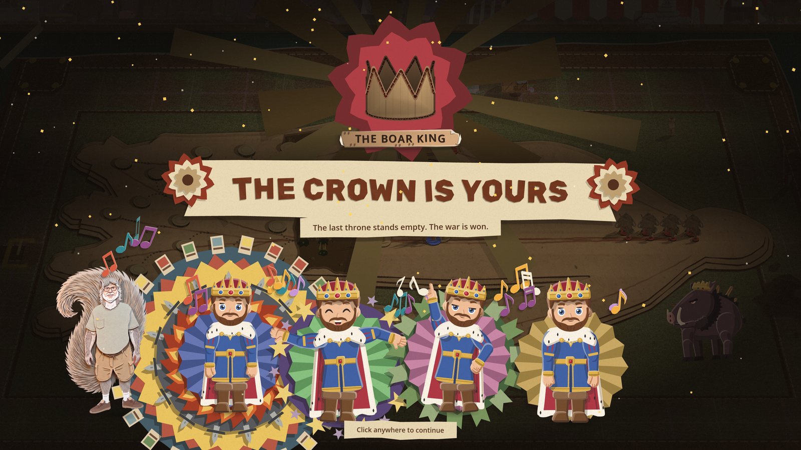 THE CROWN IS YOURS in cut-paper letters over four Kings dancing in a row, each in front of a stack of die-cut paper sheets in their seat's colours, with Uncle Jim and his squirrel Gus at the left