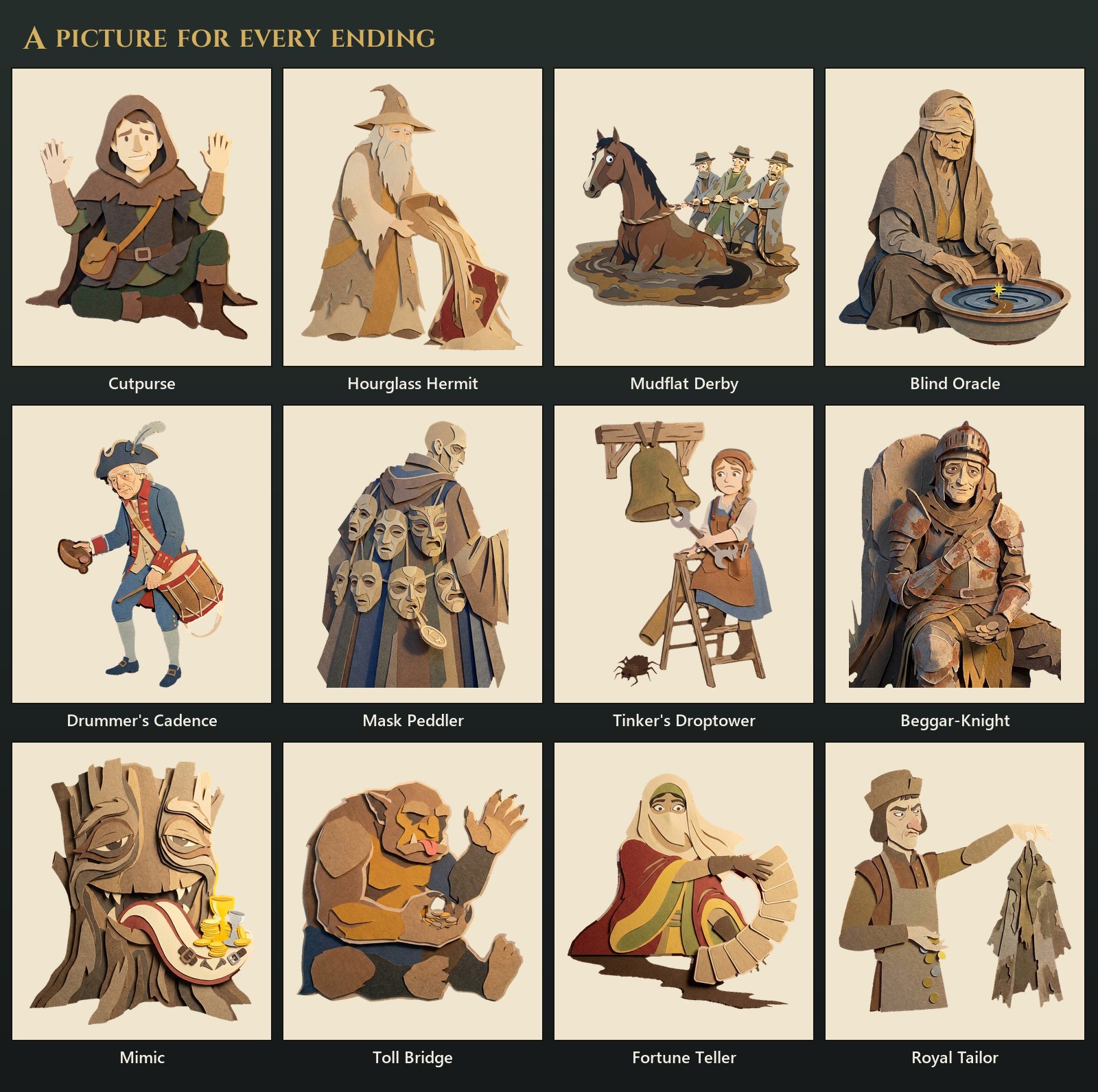 Twelve of the new result pictures on cream cells, each a cut-paper figure: the Cutpurse sitting with his hands up, the Hourglass Hermit pouring sand from his sleeve, the Mudflat Derby's horse stuck in a puddle while three men haul on a rope, the Blind Oracle with her hands in a bowl, the Drummer's Cadence drummer with a drum and an empty bowl, the Mask Peddler under a cloak hung with masks, the Tinker's Droptower girl with a spanner under a bell, the Beggar-Knight sitting in rusted armour, the Mimic as a tree stump with goblets and coins on its tongue, the Toll Bridge troll counting coins, the Fortune Teller laying out cards, and the Royal Tailor holding up a ragged cloak