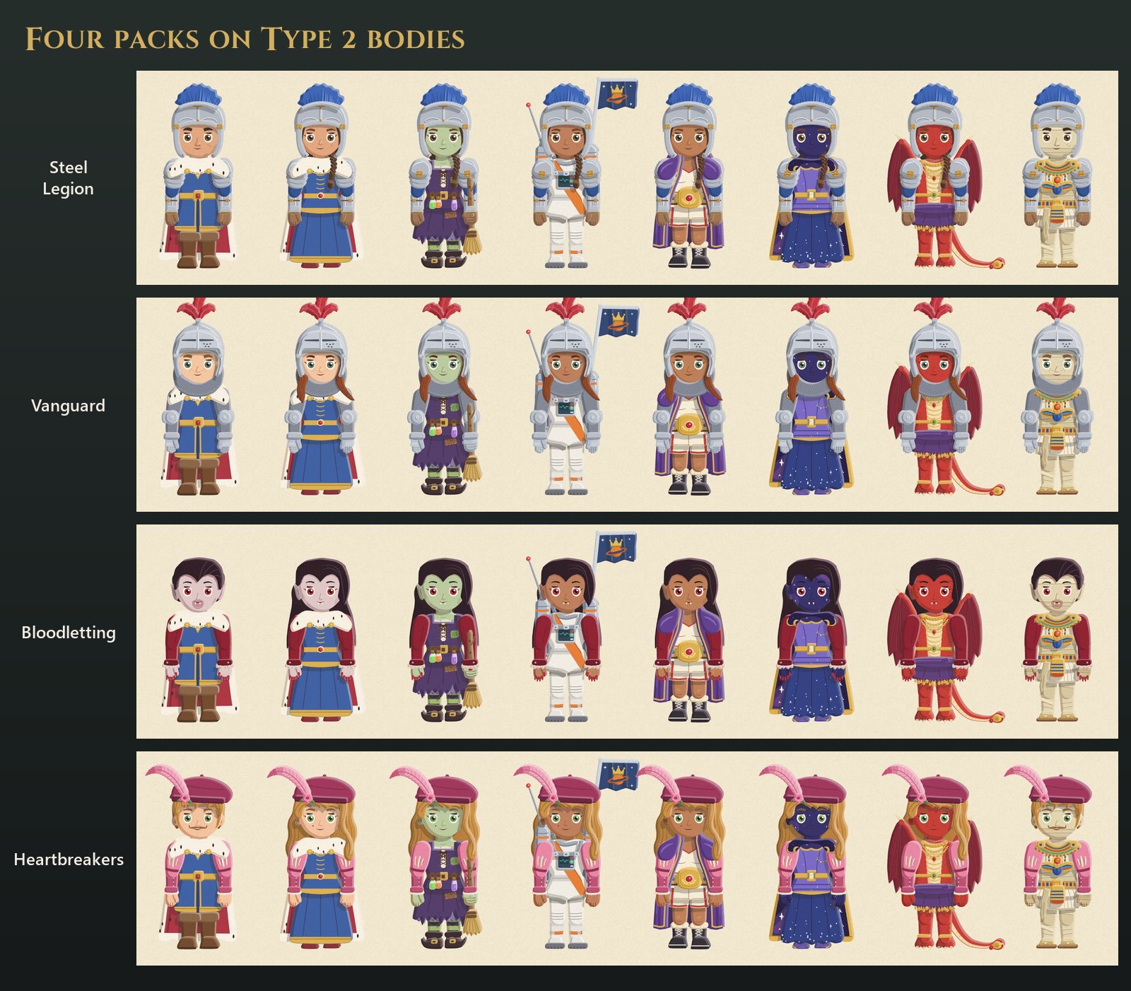 Four packs on a row of eight warlords: Steel Legion's blue-crested helmet, Vanguard's plumed helm, Bloodletting's dark hair and fangs and the Heartbreakers' plumed beret, each worn by the King and then by the Queen, the Witch with her green skin, the Spacewoman, the Boxer, the Eternal with her starry skin, the Dragon in red with her wings, and the Mummy in his wraps, the women with a braid, long hair or curls under the same hat
