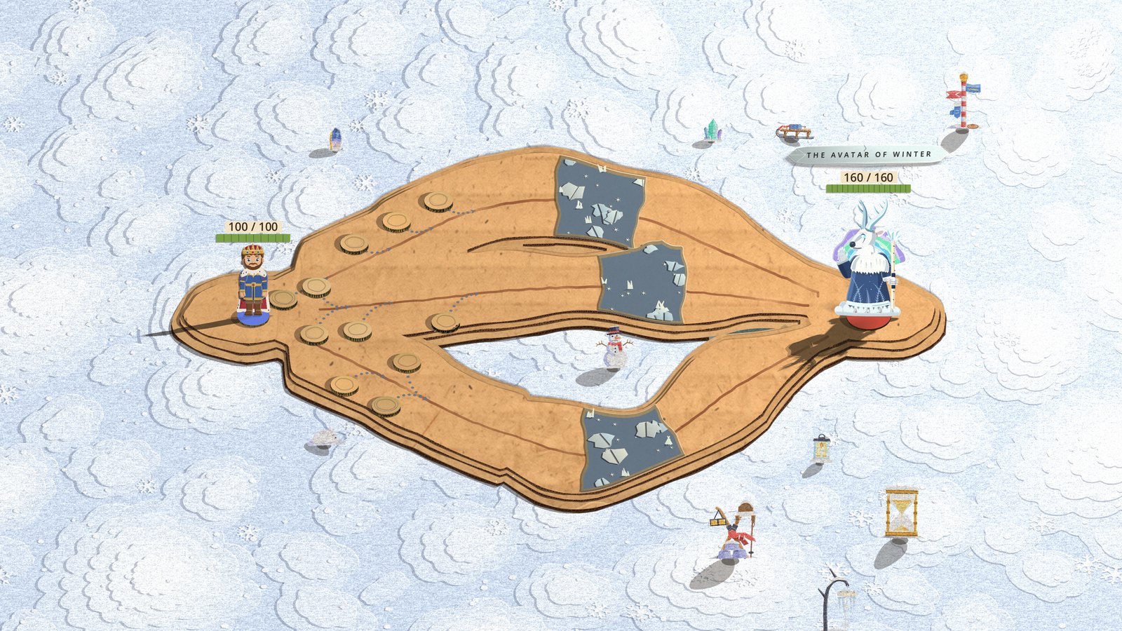 The board fully snowed in: the cardboard lanes lie on rolling hills of white card cut in layered scallops like a contour map, with paper snowflakes, a snowman, a sled and a signpost standing in the snow, the King on the left and the Avatar of Winter on the right