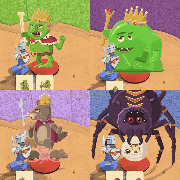 Four lords strike back at a knight at their feet, close up: Grix the Goblin brings his bone down over the top and knocks a star out of the knight's head, the Slime Lord rears up and belly-flops a splat of green goo on him, Sift runs his fork in and pulls it out with a twist, and the Broodmother rears up on her legs and drops on the knight, leaving a web of cut silk across him