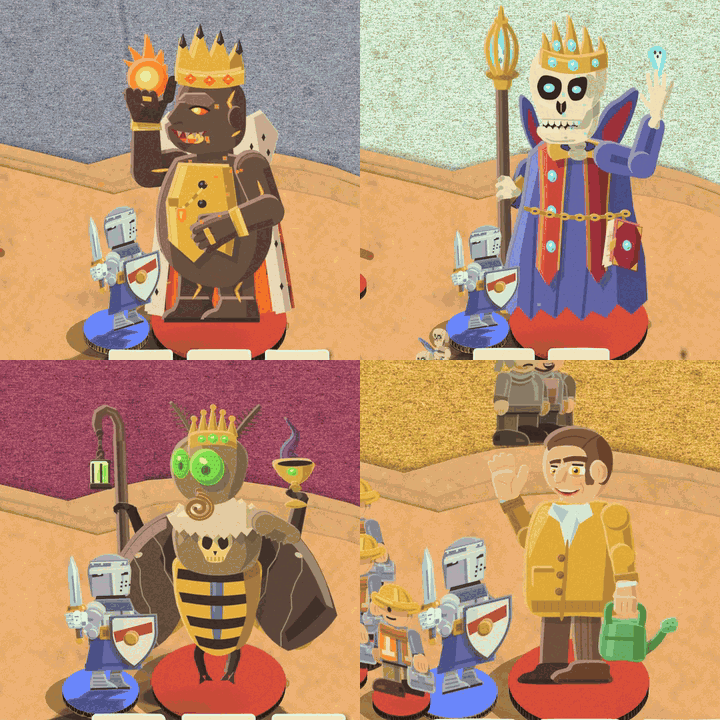 The Magma Magnate slams the fire in his hand down and splats molten rock on the knight that crusts over, Rex Mortifer brings the soul-cage on his staff down and a ring of cold blue flames bursts out, the Fear Drinker hooks his crook round the knight and a paper nightmare jumps up in front of its face, and Wally swings his watering can underarm and throws a sheet of water