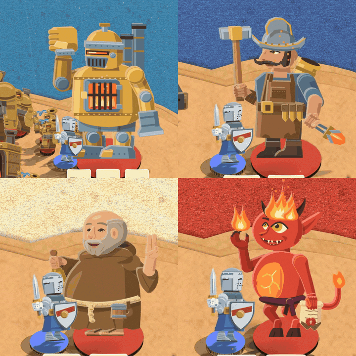 The Brass Colossus drives his fist down like a drop-hammer and rings of card run out across the ground, the Warsmith brings his hammer down in a fan of sparks, Brother Clang rings his handbell on the knight's head with arcs of gold card going out either side, and the Fire Devil whips his tail over his head and stings the knight with the flame on its end