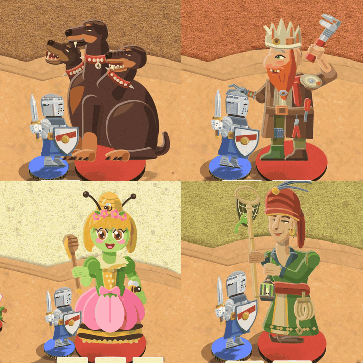 The Houndmaster's three heads bite one after another, Rusty brings his wrench down and punches a rust-red cog out of the knight, Verdy B. Queen bonks him on the head with her honey dipper and a blob of honey drips off, and Vetch brings her net down over his head with the frog in it