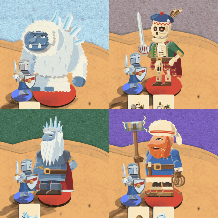 The Frost Yeti brings both fists down and ice bursts up round the knight's feet, Ossric takes his claymore back and cuts down across the knight, Hoarfrost chops with his ice axe and crusts the knight in rime that cracks off, and Sledge Hammarsson swings his maul down as a bolt of yellow card comes out of the sky