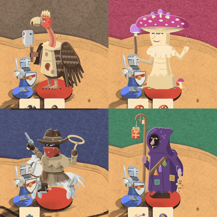 Cadric chops with his cleaver, his long neck going forward with the blow, Amanita brings her mushroom lamp down like a sceptre in a puff of spores with toadstools pushing up round the knight's feet, the Pale Rider snaps his revolver level and fires on his rearing ghost horse, and the Cursemonger pushes a pin into his poppet and lobs a wrapped present off his crook