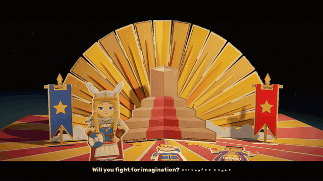 The third spread: a sunburst of gold card opens behind a red stepped pedestal, and three pull-tab stand-ups snap up one at a time as the narrator asks 'Will you fight for imagination? Strength? Hope?', the Viking, the Boxer and the King, then a cardboard crown rises out of the steps on 'Seize the Cardboard Crown.'
