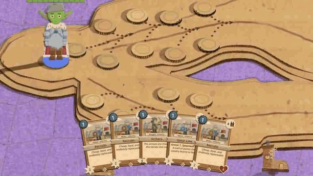 The film inside the card note, close up: a Recruits card is lifted from the hand, the deploy spots light up, the card is dropped on one and a squad of Recruits stands up there