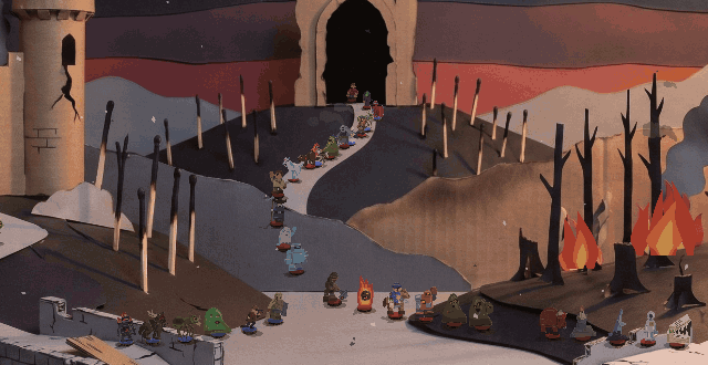 The march on the ruin, close: your column of standees climbs the road and walks into the black arch, while the enemy's column comes down the other way past the burning trees